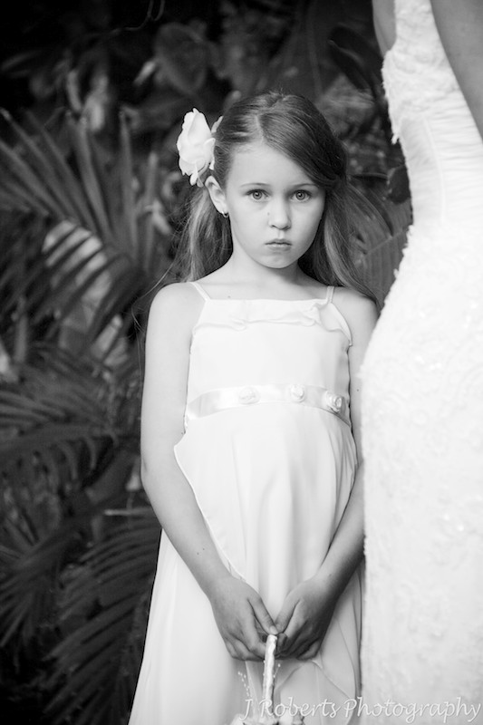 B&W of flower girl during wedding ceremony - wedding photography sydney